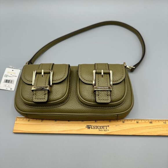 Michael Kors Zoe Small Buckled Convertible Pouchette Safari Green Pebble Leather - Picture 14 of 16